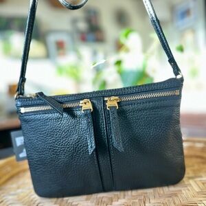 Fossil Black Pebbled Leather Crossbody Bag Double Zip Purse Adjustable Strap